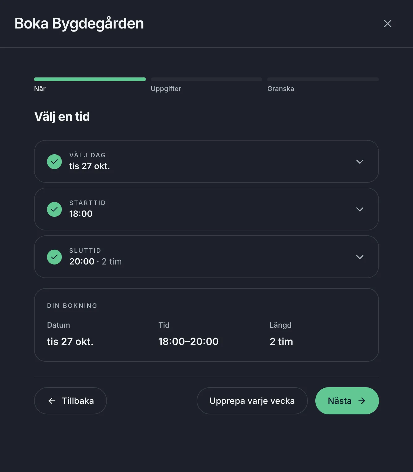 Bokningsguiden i Folke: vald dag, starttid 18:00 och sluttid 20:00, en sammanfattning av bokningen och knapparna Upprepa varje vecka och Nästa.
