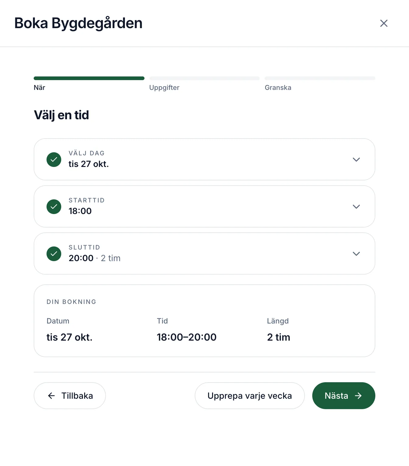Bokningsguiden i Folke: vald dag, starttid 18:00 och sluttid 20:00, en sammanfattning av bokningen och knapparna Upprepa varje vecka och Nästa.